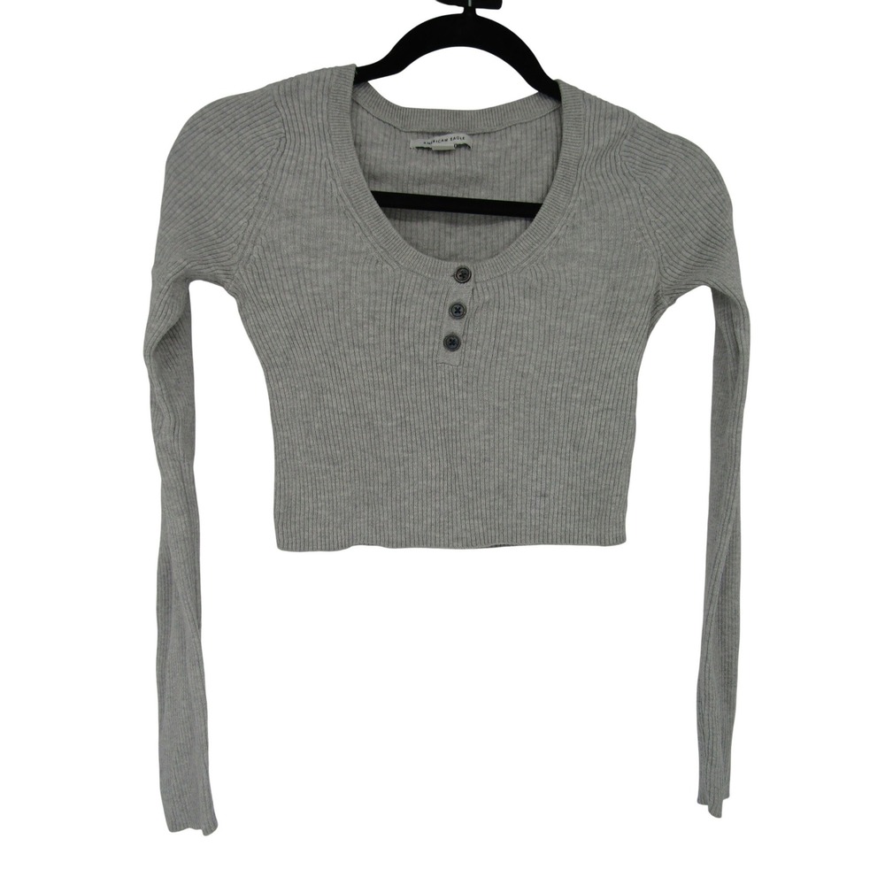 American Eagle Henley Crop‎ Top XS Gray Ribbed Y2K Croquette Minimal Y2K Indie
